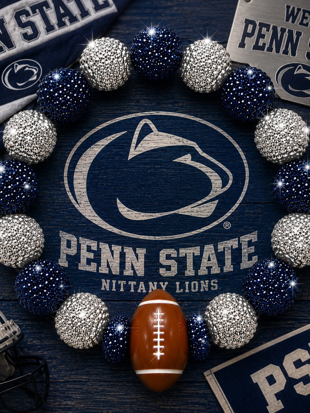 Penn State Nittany Lions Navy & Silver Rhinestone Bracelet with Football Charm